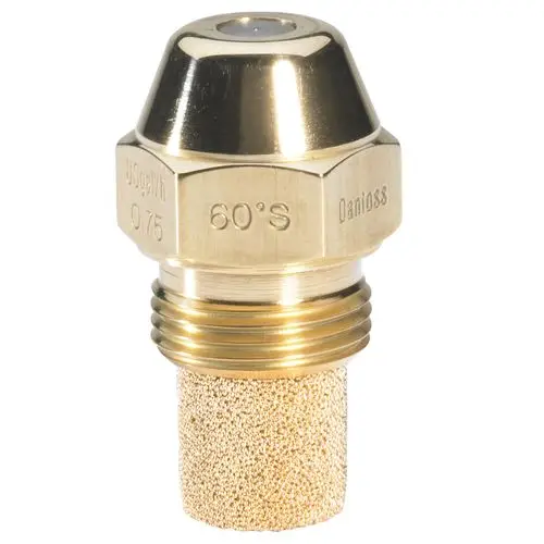 Ölbrennerdüse aus Messing mit einem porösen Filter, hergestellt von Danfoss. Sie hat eine hexagonale Form und ist für Heizsysteme konzipiert.